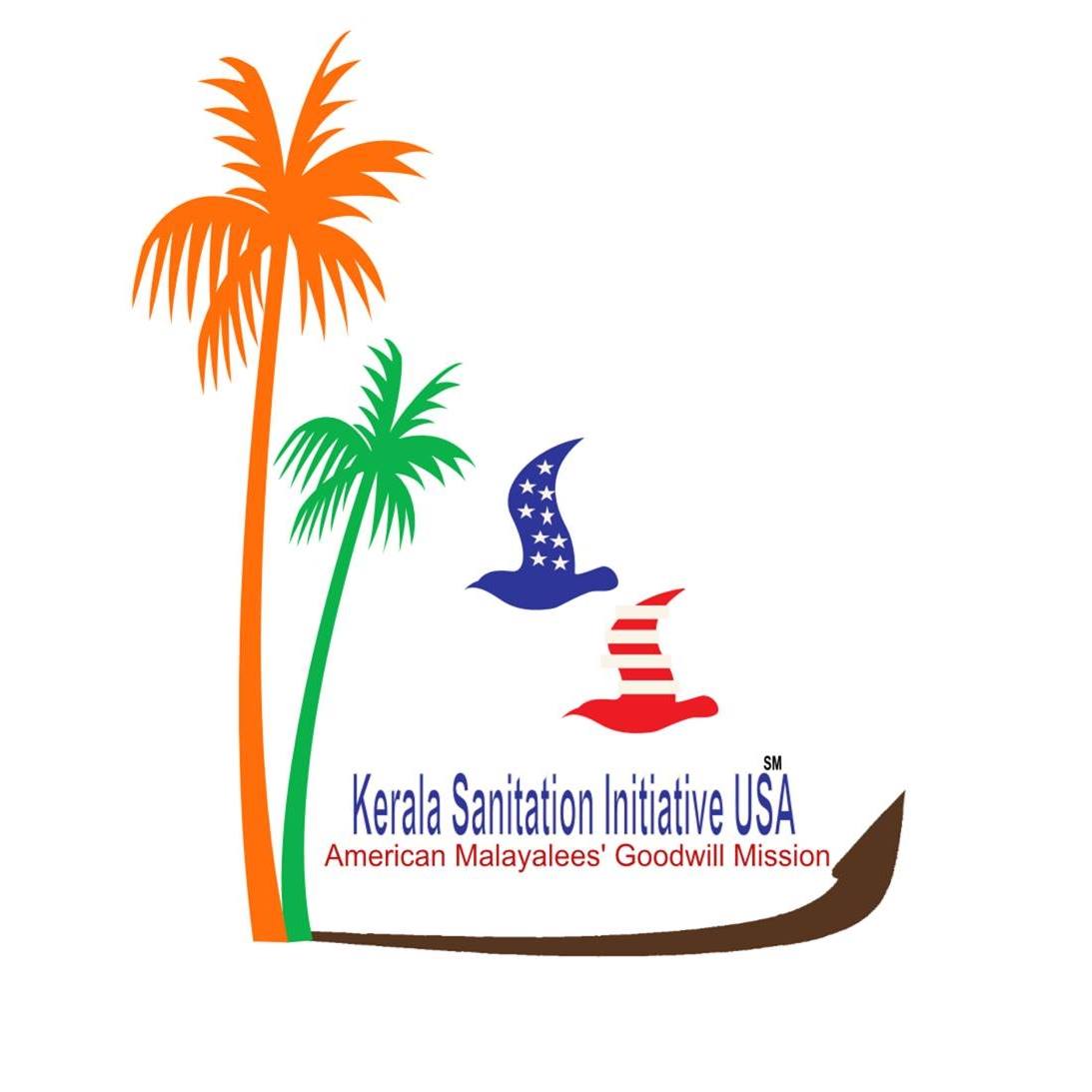 KSI USA Logo has been designed to represent the love and support of Americans of Kerala Origin to their ancestral place of Kerala India. The palm trees and wooden boats to represent Kerala and the birds draped in American flag design to represent Kerala Americans